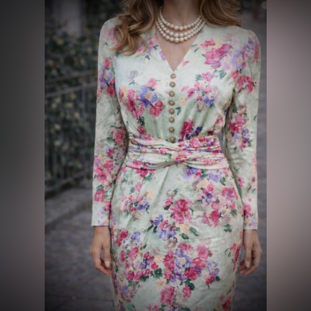 Silk floral dress  80’s does 40’s -green with pink - fully lined -Adele Simpson?